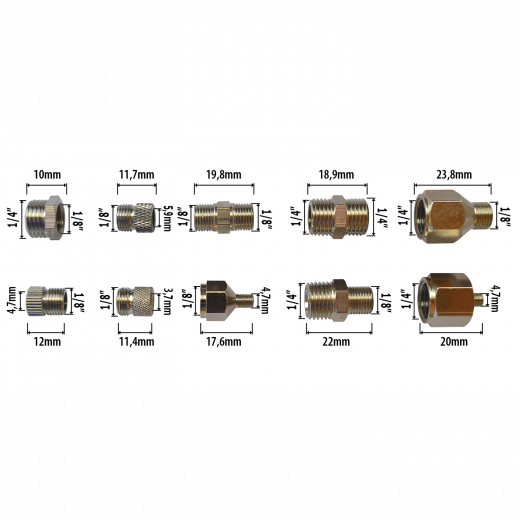  Airbrush-Adapter 10er-Set Abmessungen
