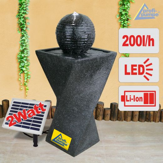 Solar Gartenbrunnen GRANIT-BLACK-2 (schwarzgrau)  mit LED-Licht und Li-Ion-Akku