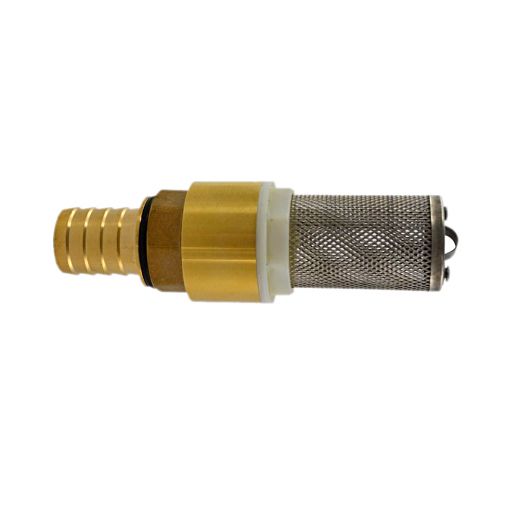 Rückschlagventil aus Messing für 1 Zoll-Pumpen, mit Filterkorb und Tüllen- Anschluß für 25mm Schlauch.