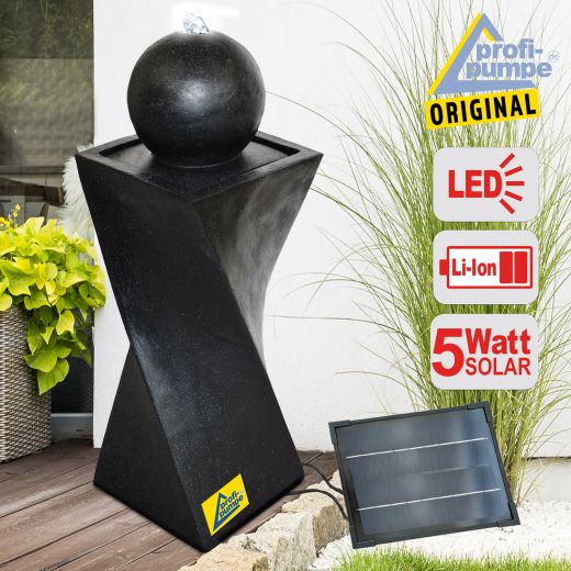 Solar - Brunnen GRANIT-BLACK-3 mit Li-Ion-Akku & LED-Licht