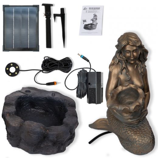 Solar - Teichbrunnen "MEERJUNGFRAU am TEICH-3" mit Li-Ion-Akku & LED Licht - Lieferumfang