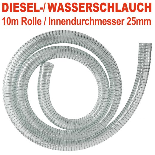 Knickstabiler-PVC-Schlauch, 10m, innen und außen glatt, Flexibel. Geeignet zum Durchleiten von Kerosin, Benzin, Diesel, Heiz- und Schmierölen, Petroleum, Fäkalien.