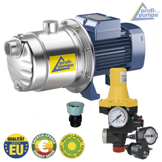 Solide, leistungsstarke, vierstufige Kreiselpumpe mit 5,0 bar und Fördermenge von 5200 l/h, Leistungsaufnahme 600 Watt inklusive Durchflusswächter 3-Automatic-Controller verkabelt