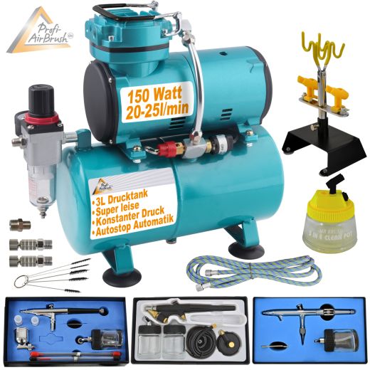 KOMPLETT-SET: Profi-AirBrush-Kompressor mit 3 Airbrush-Pistolen und viel Zubehör