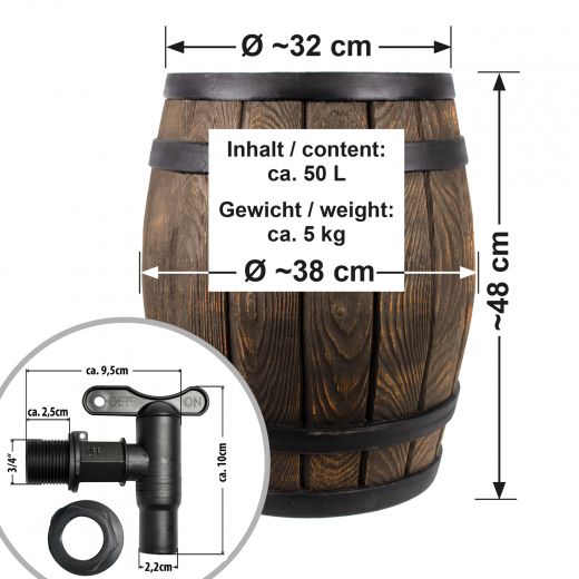 Regentonne Eichenfass 50L mit Auslaufhahn Abmessungen