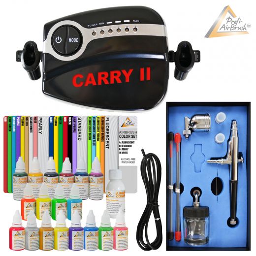 Profi-AirBrush Carry II BLACK - Color IV mit Airbrush Farben 19-er Wasserbasis Set