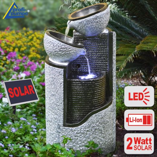 Solar - Brunnen "GRANIT-SÄULE & SCHALEN-2" mit LiIon-Accu & LED-Licht (neu)