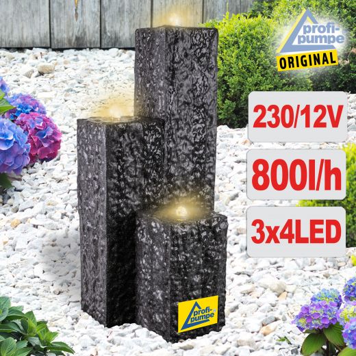 230V - Gartenbrunnen & Wasserspiel TRIO-BASALT-3 mit LED-Licht