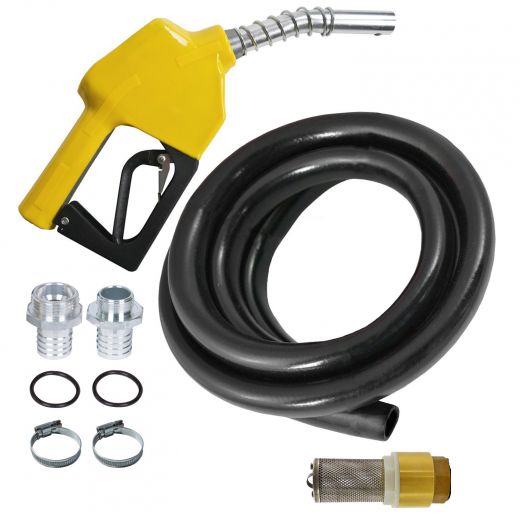  Dieselpumpen-Zubehör-Set:  Automatik-Zapfpistole für Dieselpumpen und Wasserpumpen, Gummi-Schlauch, Rückschlagventil, Tüllen und Schlauch-Schellen