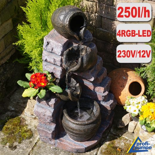 B-Ware Gartenbrunnen TONZIEGEL & KRÜGE mit 3 RGB LED-Licht-230V 