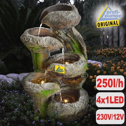 B-Ware Gartenbrunnen BAUMSTUMPF & STEINSCHALEN mit LED-Licht