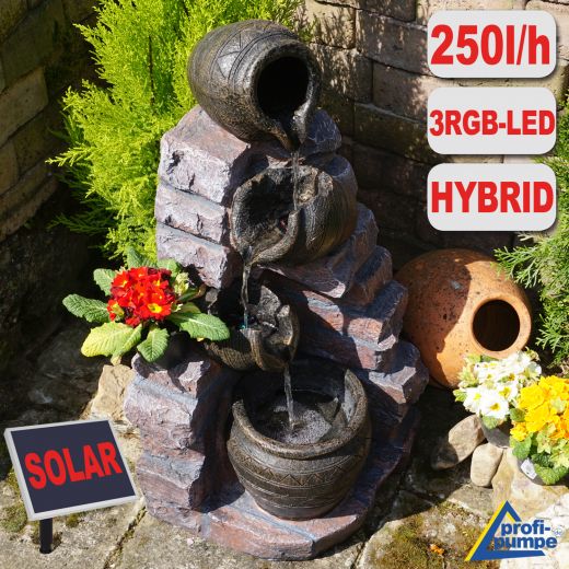 Gartenbrunnen TONZIEGEL & KRÜGE mit 4 RGB LED-Licht-230V - Hybrid-Solarbrunnen