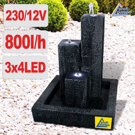 B-Ware Gartenbrunnen TRIO-BASALT mit LED-Licht