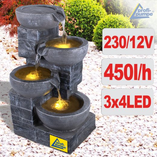 B-Ware Gartenbrunnen & Wasserspiel GRANITSCHALEN-KASKADE-4 mit LED-Licht