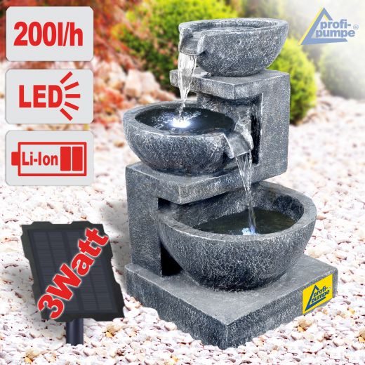 Solar - Gartenbrunnen & Wasserspiel
GRANITSCHALEN-KASKADE-3 mit LED-Licht und Li-Ion-Akku