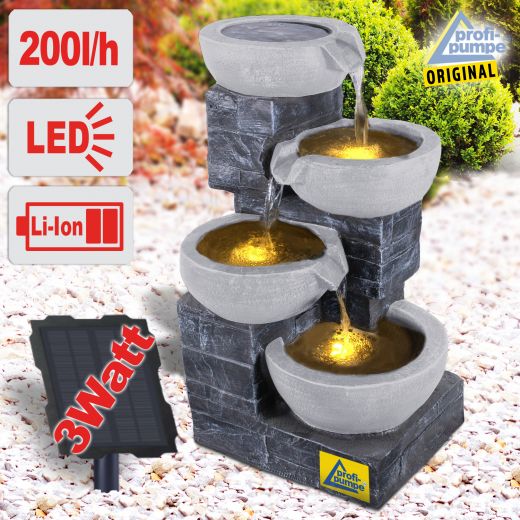 Solar - Gartenbrunnen & Wasserspiel GRANITSCHALEN-KASKADE-4 mit LED-Licht und Li-Ion-Akku