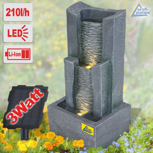Solar - Gartenbrunnen & Wasserspiel 3-Stufige STEIN-KASKADE mit Li-Ion-Akku