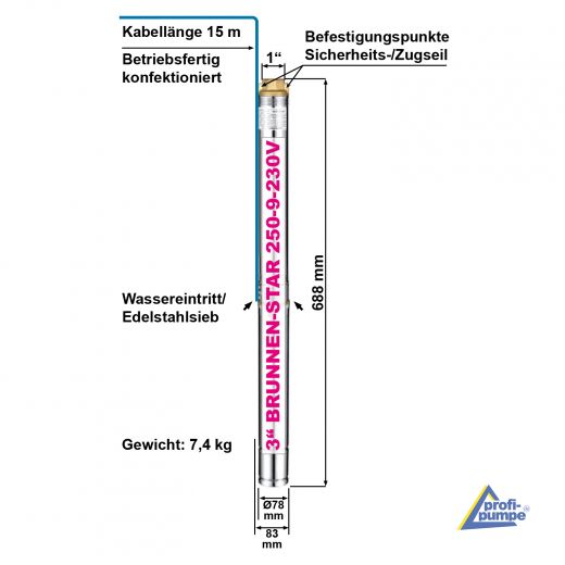 3 Zoll 250 Watt Brunnenpumpe BRUNNEN-STAR 250-9 Tiefbrunnenpumpe BRUNNEN PUMPE ROHRPUMPE GARTENBRUNNENPUMPE