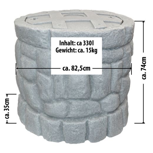 AUSSENMASSE REGENTONNE BRUNNEN 330L. REGENTONNE REGEN FASS WASSER TONNE REGENWASSER TONNE SPEICHER GARTEN