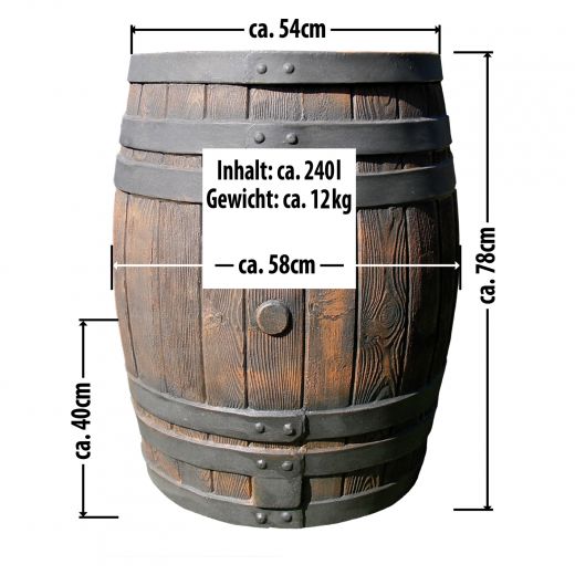 Regentonne Eichenfass 240l, Maße der Zu- und Abläufe. REGENTONNE REGEN FASS WASSER TONNE REGENWASSER TONNE SPEICHER GARTEN