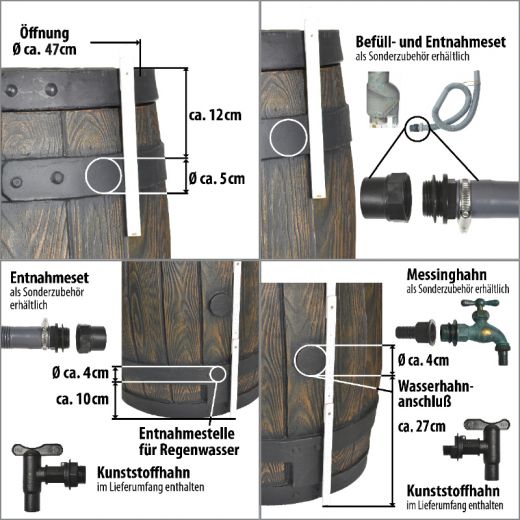 Regentonne Eichenfass 240l, Maße der Zu- und Abläufe. REGENTONNE REGEN FASS WASSER TONNE REGENWASSER TONNE SPEICHER GARTEN