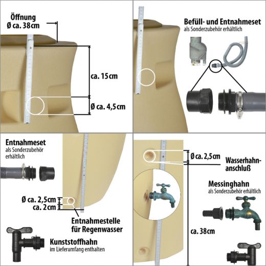 Regentonne Amphore Maja 300l beige, Zu- und Abläufe mit Bemaßung