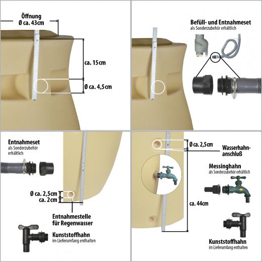 Regentonne Amphore Maja 500l beige, Zu- und Abläufe mit Bemaßung