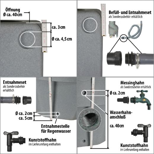 REGENTONNE SÄULE 250L, Anschlussmassen