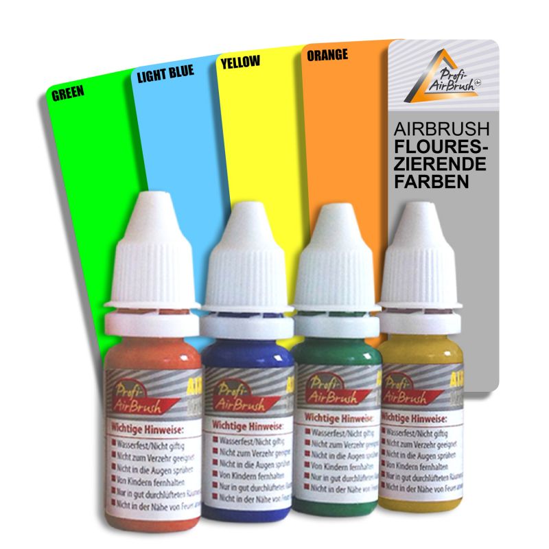 Airbrush Farben 19-er Set in Geschenkverpackung Airbrush Farben. Airbrush Geschenk-Set enthält: 4 fluoreszierende Farben, 6 Airbrush-Farben je 30ml, 7 Perlmut-Farben je 20ml, 1 100ml Flasche Klarlack, 2 Leerflaschen je 20ml, 5 Pipetten