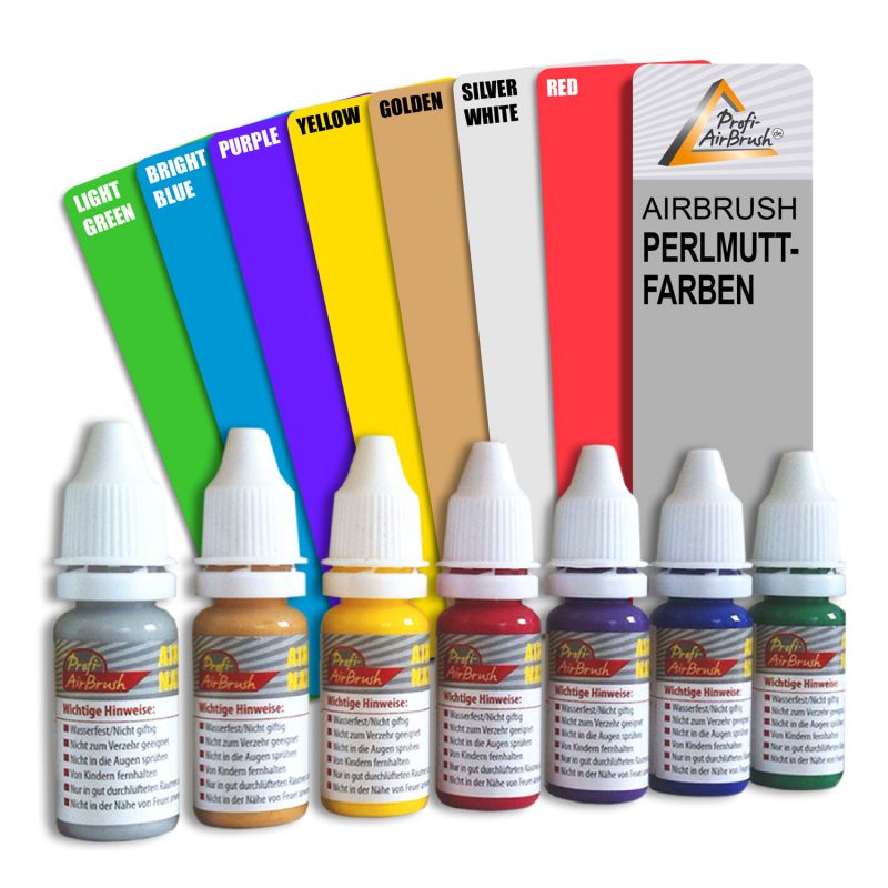 Airbrush Farben 19-er Set in Geschenkverpackung Airbrush Farben. Airbrush Geschenk-Set enthält: 4 fluoreszierende Farben, 6 Airbrush-Farben je 30ml, 7 Perlmut-Farben je 20ml, 1 100ml Flasche Klarlack, 2 Leerflaschen je 20ml, 5 Pipetten