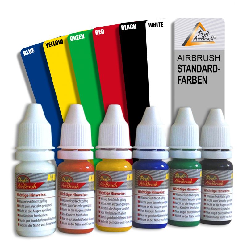 Airbrush Farben 19-er Set in Geschenkverpackung Airbrush Farben. Airbrush Geschenk-Set enthält: 4 fluoreszierende Farben, 6 Airbrush-Farben je 30ml, 7 Perlmut-Farben je 20ml, 1 100ml Flasche Klarlack, 2 Leerflaschen je 20ml, 5 Pipetten