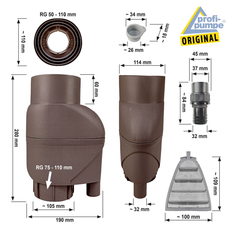 Fallrohrfilter T33 kupfer-braun - Abmessungen Fallrohrfilter T33 kupfer-braun, Regenfilter, REGENSAMMLER REGENWASSER SAMMLER FÜLLAUTOMAT FALLROHRFILTER REGEN, Laubabscheider