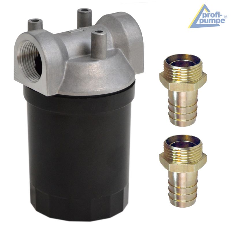 Diesel-Filter mit Alu-Gehäuse und wiederverwendbarem Siebeinsatz mit Messing Schlauchtülle 1" AG