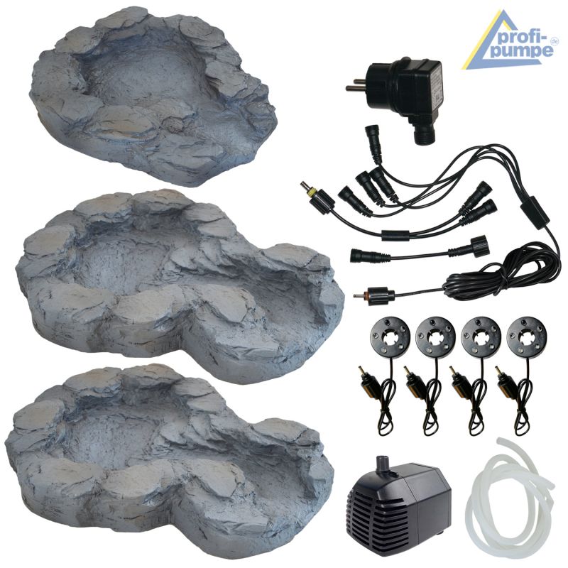 Bachlauf QUELLBACH II dunkel-grau, 3-teilig mit 4 RGB LED-Licht-230V Wasserfall Bachlauf Bachlaufschale Wasserkaskade Wasserfall in Naturstein-Optik, Garten Bachlaufelemente Gartenteich, Brunnen, Kaskade, Springbrunnen