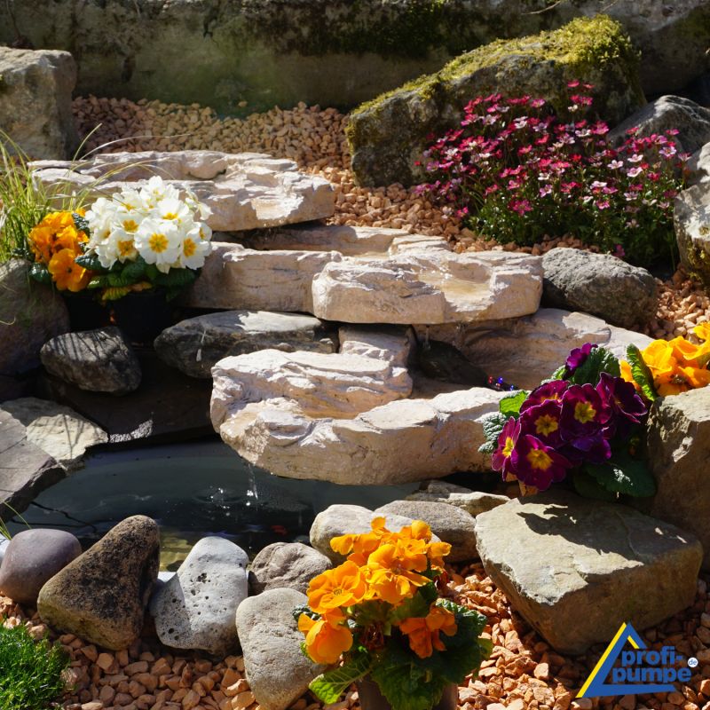 Bachlauf QUELLBACH II sandstein, 3-teilig mit 4 RGB LED-Licht-230V Wasserfall Bachlauf Bachlaufschale Wasserkaskade Wasserfall in Naturstein-Optik, Garten Bachlaufelemente Gartenteich, Brunnen, Kaskade, Springbrunnen