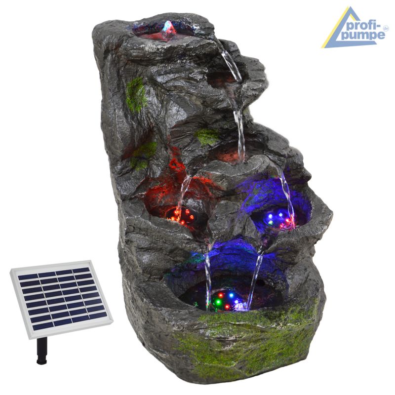 Gartenbrunnen FELS-KASKADE mit Pumpe und 4 RGB LED-Licht - Hybrid Solarbetrieb GARTENBRUNNEN ZIERBRUNNEN VOGELBAD WASSERFALL GARTENLEUCHTE TEICHPUMPE - SPRINGBRUNNEN WASSERSPIEL
