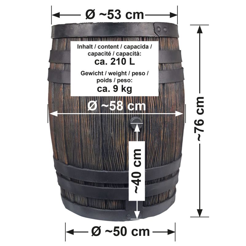 Regentonne Eichenfass 210l (ohne Auslaufhahn) - Abmessungen Regentonne Eichenfass 210l (ohne Auslaufhahn) - Abmessungen