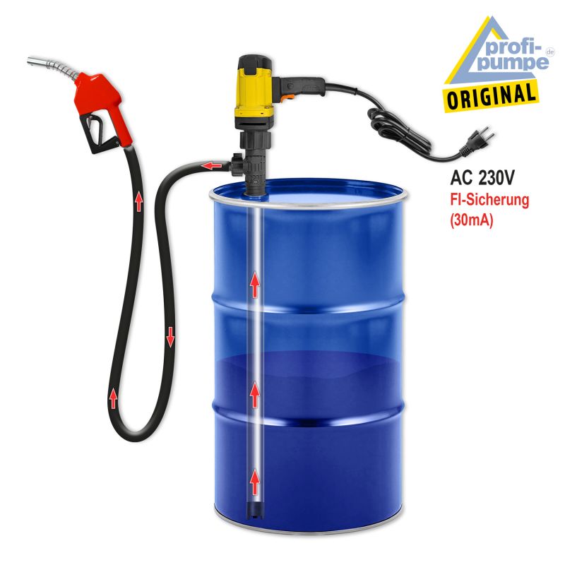 Diesel 230V 1300W Fass-Pumpe 2.2 Set Power - Aufbau mit Fass 230V Fasspumpe, Fass-Pumpe, Pumpe mit Rohr, Pumpe zum Umfüllen, Diesel Pumpe, Diesel Fasspumpe