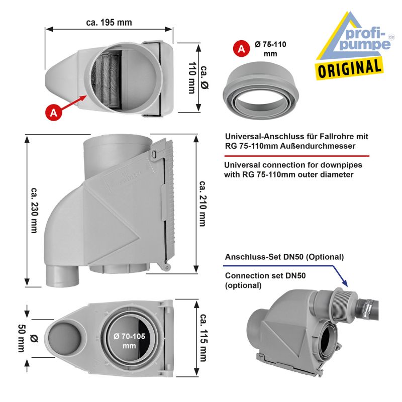 Fallrohrfilter T50 - Abmessungen und Anschlüsse