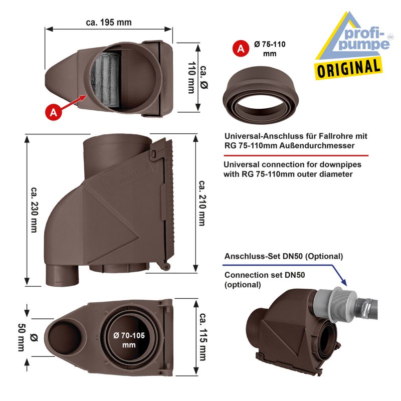 Regen-Filter T 50 Kupfer-Braun, Regenfilter, REGENSAMMLER REGENWASSER SAMMLER FÜLLAUTOMAT FALLROHRFILTER REGEN, Laubabscheider