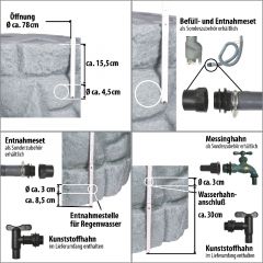 Regentonne MÄRCHENBRUNNEN granit-grau 330l zzgl. Befüll- und Entnahme-Set - Auswahl