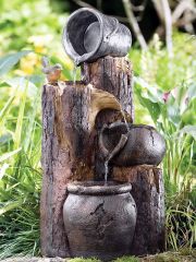 Solar - Brunnen Wasserspiel BAUMSTUMPF & TONKRÜGE-3 mit Li-Ion-Akku & LED-Licht (Neu)