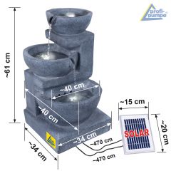 Solar Gartenbrunnen GRANITSCHALEN-KASKADE-5 mit LED-Licht und Li-Ion-Akku