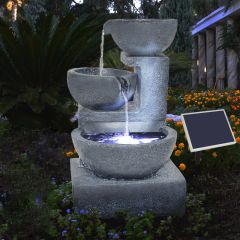 Solar Gartenbrunnen GRANITSCHALEN-KASKADE-5 mit LED-Licht und Li-Ion-Akku