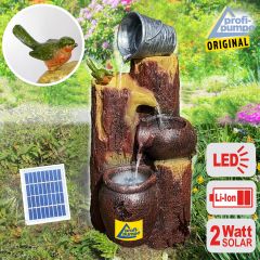 Solar - Brunnen Wasserspiel BAUMSTUMPF & TONKRÜGE-2 mit LiIon-Akku & LED-Licht (Neu)