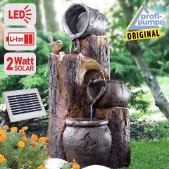 B-Ware Solar - Brunnen Wasserspiel BAUMSTUMPF & TONKRÜGE-2 mit LiIon-Akku & LED-Licht (Neu)