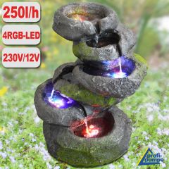 230V - Gartenbrunnen FELS-KASKADE geschwungen mit 4 RGB LED-Licht-230V 