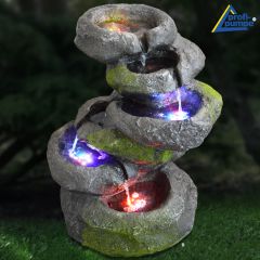 Gartenbrunnen FELS-KASKADE geschwungen mit Pumpe und 4 RGB LED-Licht - Hybrid Solarbetrieb