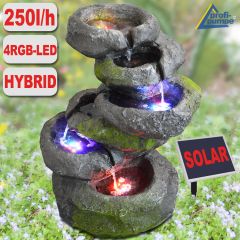 Gartenbrunnen FELS-KASKADE geschwungen mit Pumpe und 4 RGB LED-Licht - Hybrid Solarbetrieb