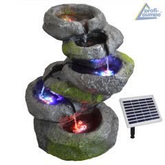 Gartenbrunnen FELS-KASKADE geschwungen mit Pumpe und 4 RGB LED-Licht - Hybrid Solarbetrieb
